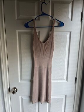 Rib Knit V-Neck Sleeveless Midi Dress - Tan